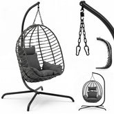 Sekey Hängesessel mit Gestell – Klappbarer Hängekorb aus PE-Rattan, Hängestuhl mit Sitz- & Kopfkissen, bis 150 kg belastbar, für Garten, Balkon, Terrasse & Wohnzimmer