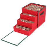 Salcar Aufbewahrungsbox für 64 Weihnachtskugeln – 4 Ebenen, Verstellbare Trennwände, Rote Faltbox 33×33×34 cm mit Sichtfenster