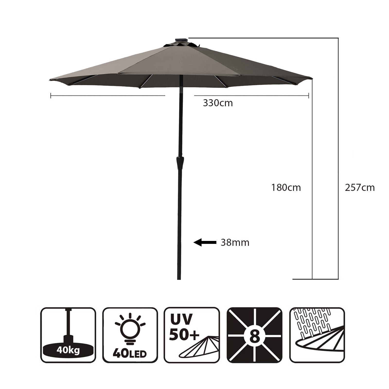 Sonnenschirm 330cm Alu Gartenschirm 8-eckiger Marktschirm mit Kurbel Sekey
