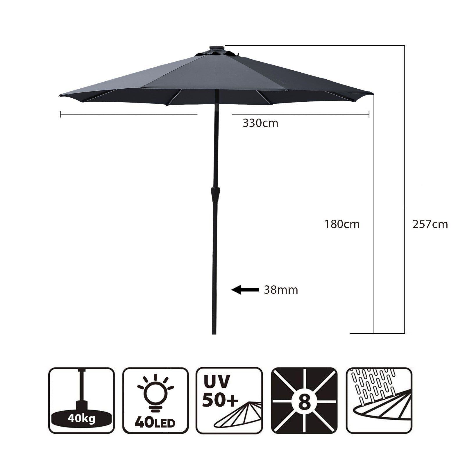 Sonnenschirm 330cm Alu Gartenschirm 8-eckiger Marktschirm mit Kurbel Sekey