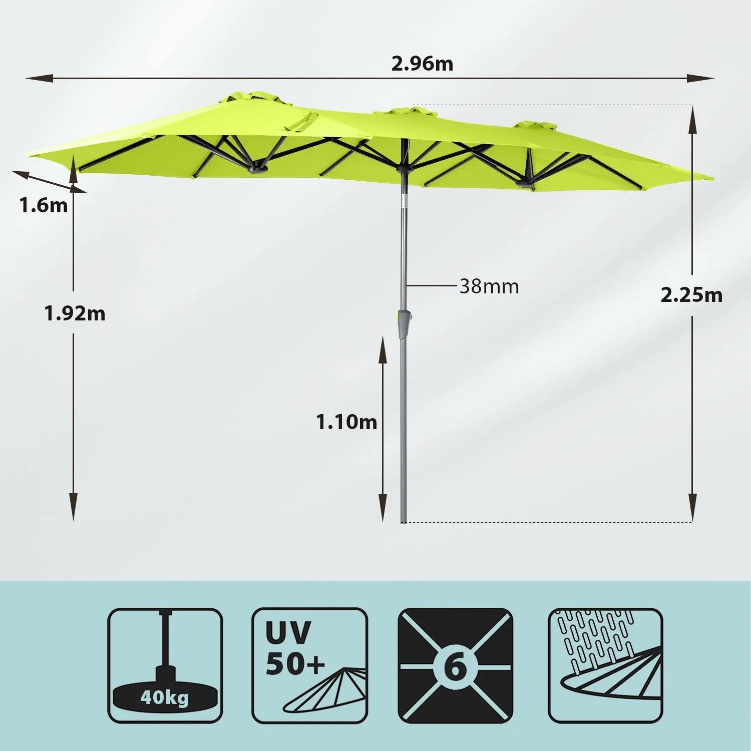Sekey 300 x 160 cm Doppelsonnenschirm mit Kurbel, UV50+ Sekey