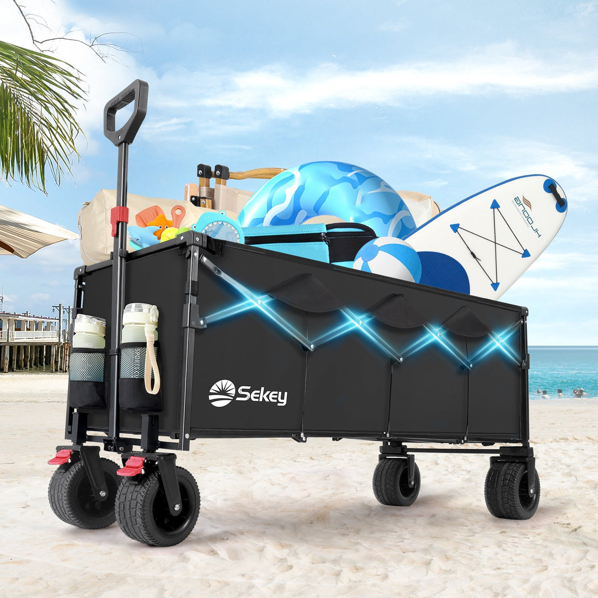 Sekey Faltbarer Bollerwagen 400 L, Extra Lang (110 cm), 200 kg Tragkraft, Schwerlast Transportwagen mit Geländerädern & Getränkehalter – Für Strand, Camping & Garten Sekey