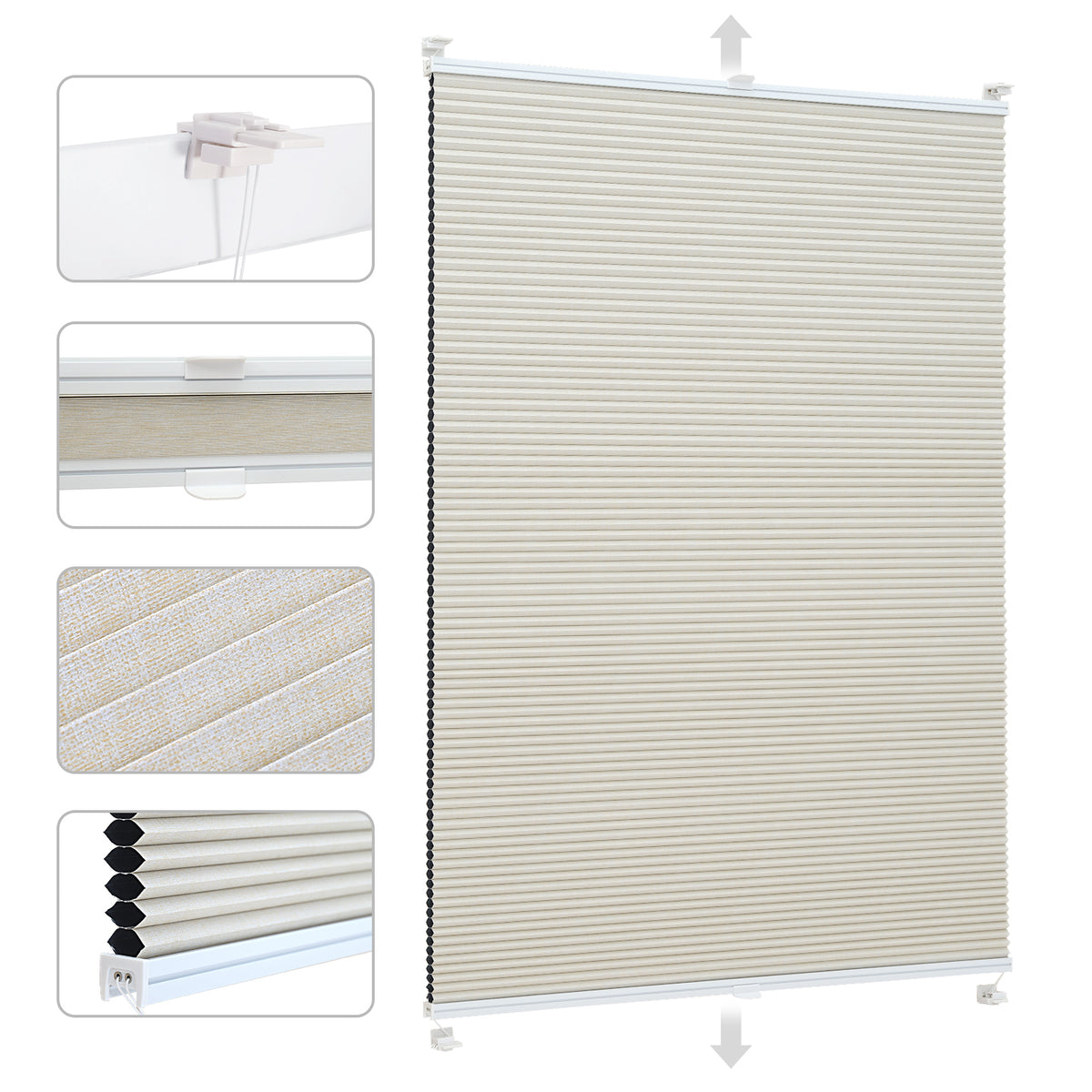 Sekey Wabenplissee ohne Bohren 100 % Verdunkelung, blickdichtes Klemmfix Plissee in Textiloptik, Beige