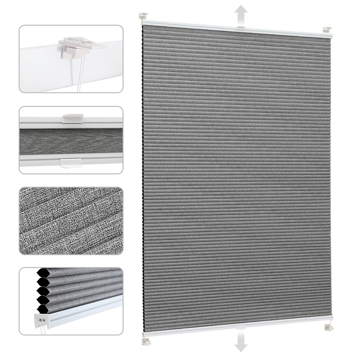 Sekey Wabenplissee ohne Bohren, 100 % Verdunkelung, blickdichtes Klemmfix Plissee in Textiloptik, Grau