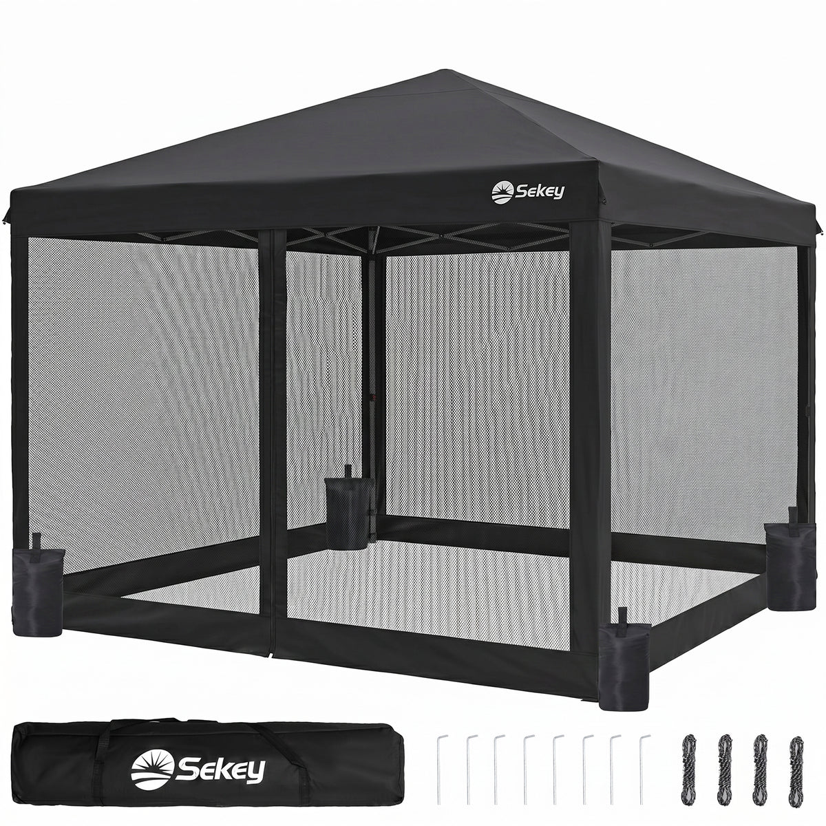 Sekey Pop Up Pavillon 3x3 m mit Moskitonetz & 4 Seitenwänden – Wasserdicht, Winterfest, Höhenverstellbarer Faltpavillon mit 4 Sandsäcken, UV-Schutz 50+, Garten- & Campingzelt