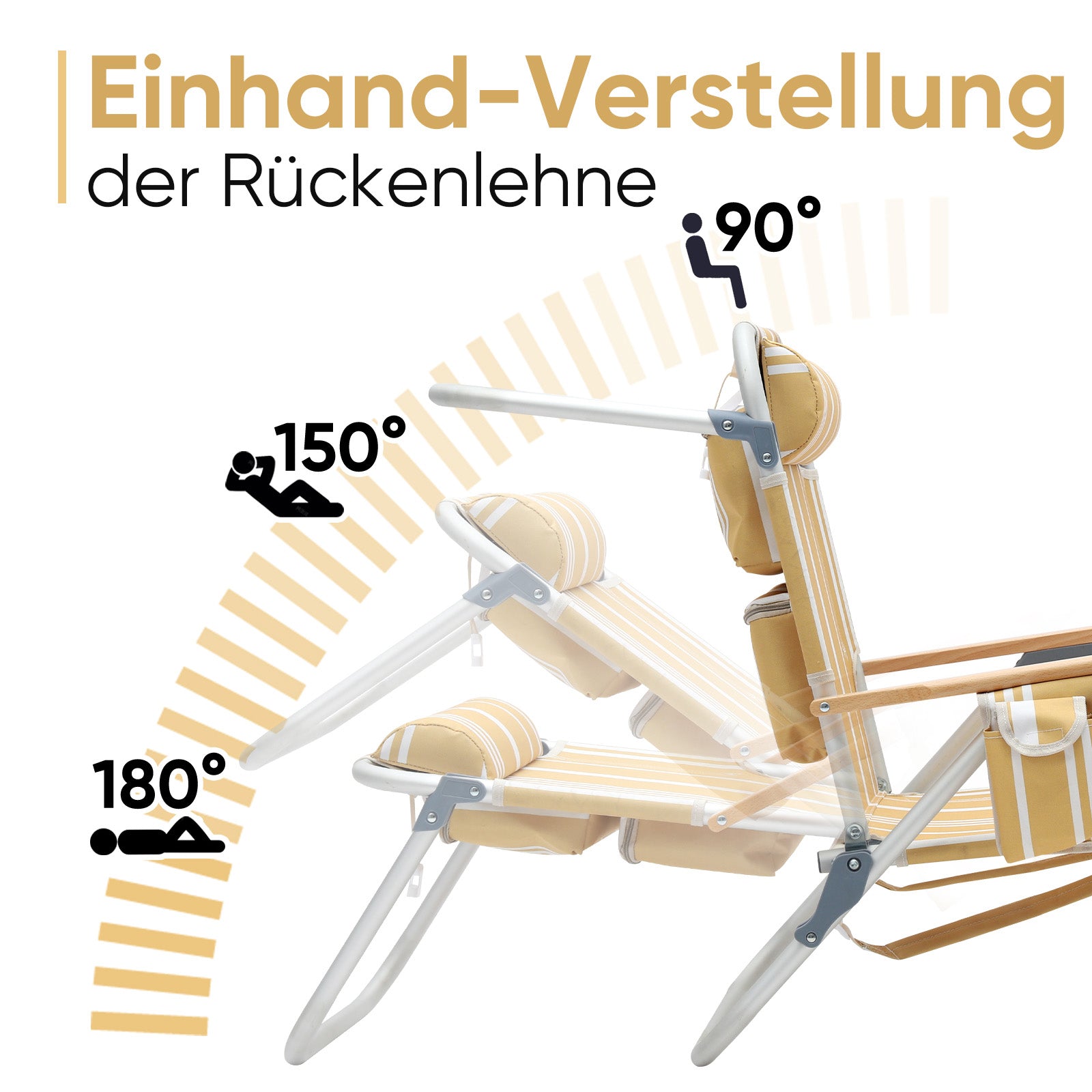 Sekey Faltbarer Aluminium-Strandstuhl mit verstellbarer Rückenlehne & Teakholz-Armlehnen – mit Kühltasche & Zubehör Sekey