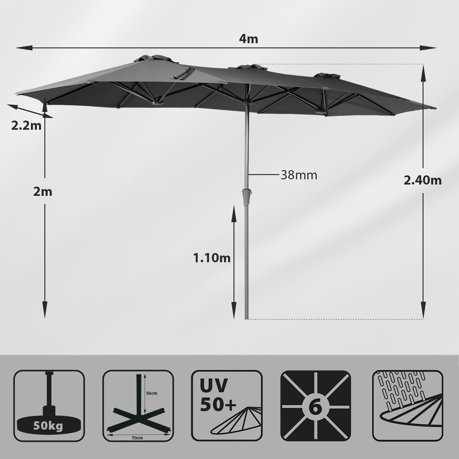 Sekey Sonnenschirm 400 x 220 cm Doppel Sonnenschirm mit Ständer Doppelsonnenschirm Garten Sekey