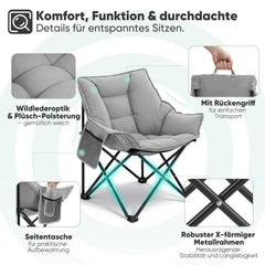 Sekey Campingstuhl faltbar Moonchair gepolstert – breiter Klappstuhl mit hoher Rückenlehne, bis 140 kg belastbar, Outdoor & Indoor, für Garten, Balkon, Terrasse, Grau