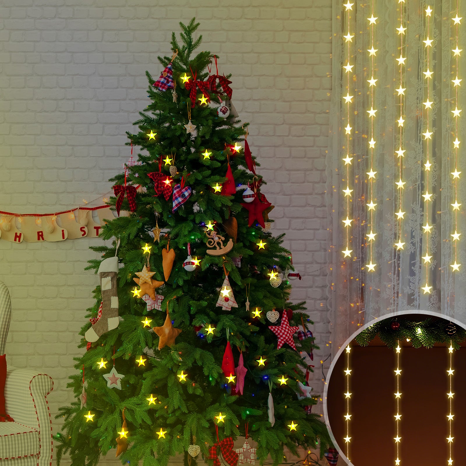 Salcar LED Lichtervorhang Sterne 2×1m, 50 LEDs, Warmweiß, 8 Modi, USB, Timer & Memory, Dimmbar mit Fernbedienung, Weihnachtsbeleuchtung Fenster Deko für Innen Salcar