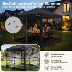 Sekey Pop Up Pavillon 3x3 m mit Moskitonetz & 4 Seitenwänden – Wasserdicht, Winterfest, Höhenverstellbarer Faltpavillon mit 4 Sandsäcken, UV-Schutz 50+, Garten- & Campingzelt