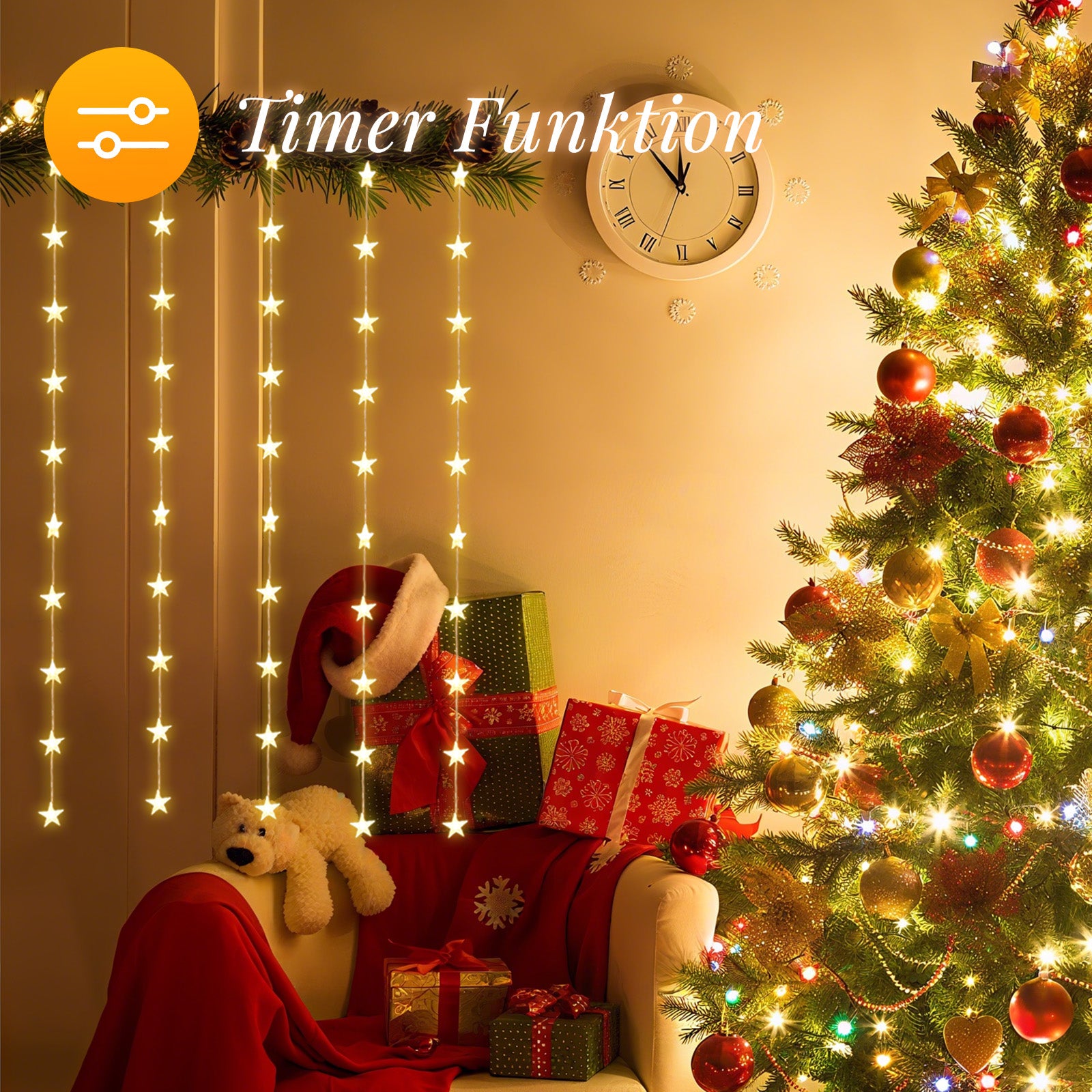Salcar LED Lichtervorhang Sterne 2×1m, 50 LEDs, Warmweiß, 8 Modi, USB, Timer & Memory, Dimmbar mit Fernbedienung, Weihnachtsbeleuchtung Fenster Deko für Innen Salcar