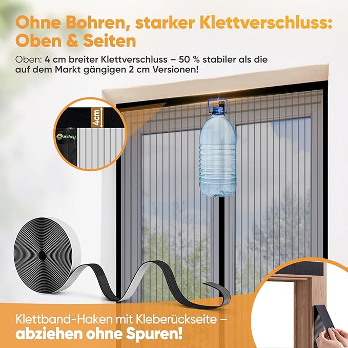 Sekey Fliegengitter Tür, Magnetisch, Reißfest, Ohne Bohren, Lichtdurchlässiger Insektenschutz mit 4 cm Klettband, Wetterfest & Langlebig, Schwarz SEKEYMALL