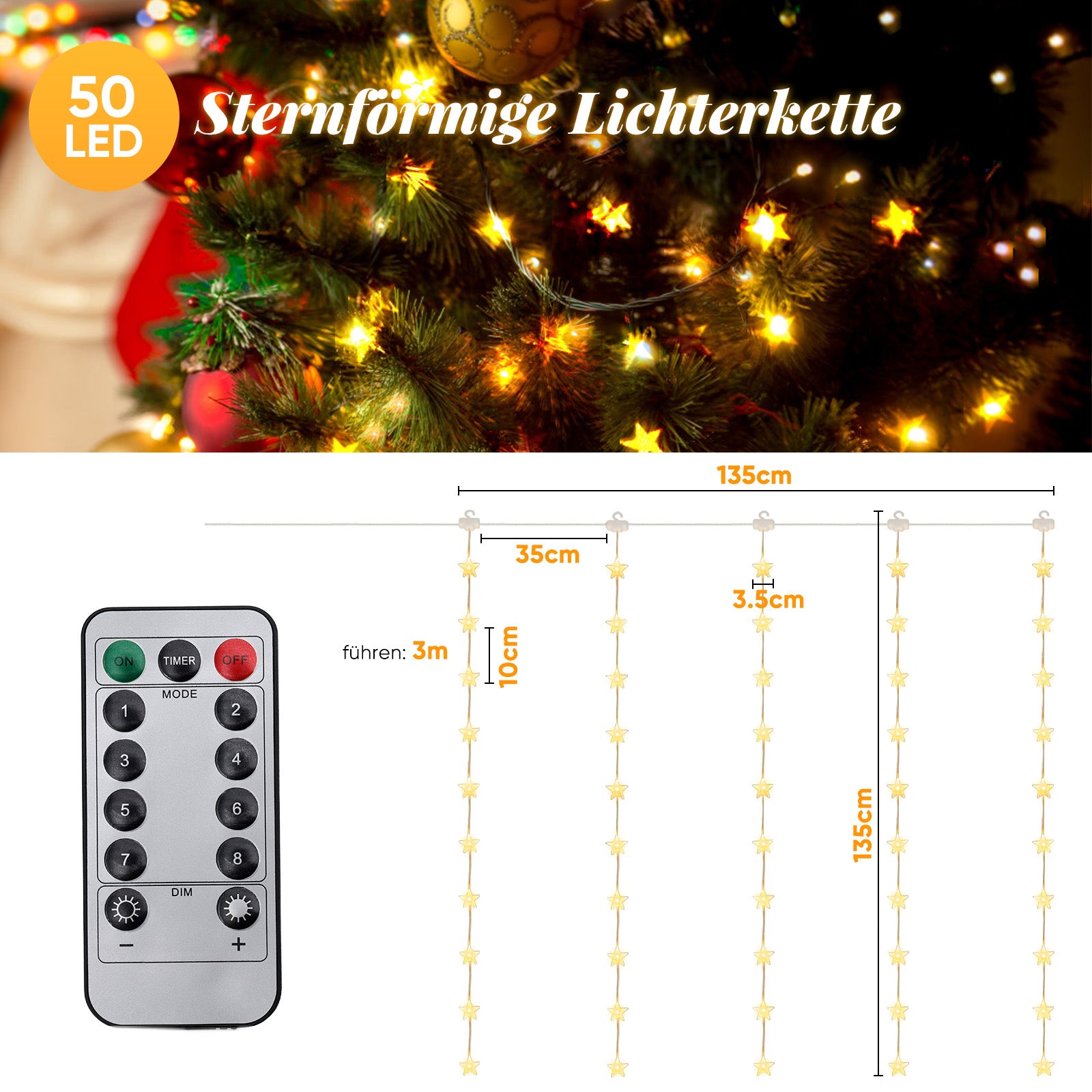 Salcar LED Lichtervorhang Sterne 2×1m, 50 LEDs, Warmweiß, 8 Modi, USB, Timer & Memory, Dimmbar mit Fernbedienung, Weihnachtsbeleuchtung Fenster Deko für Innen Salcar