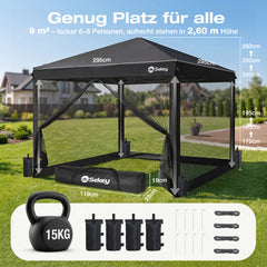Sekey Pop Up Pavillon 3x3 m mit Moskitonetz & 4 Seitenwänden – Wasserdicht, Winterfest, Höhenverstellbarer Faltpavillon mit 4 Sandsäcken, UV-Schutz 50+, Garten- & Campingzelt