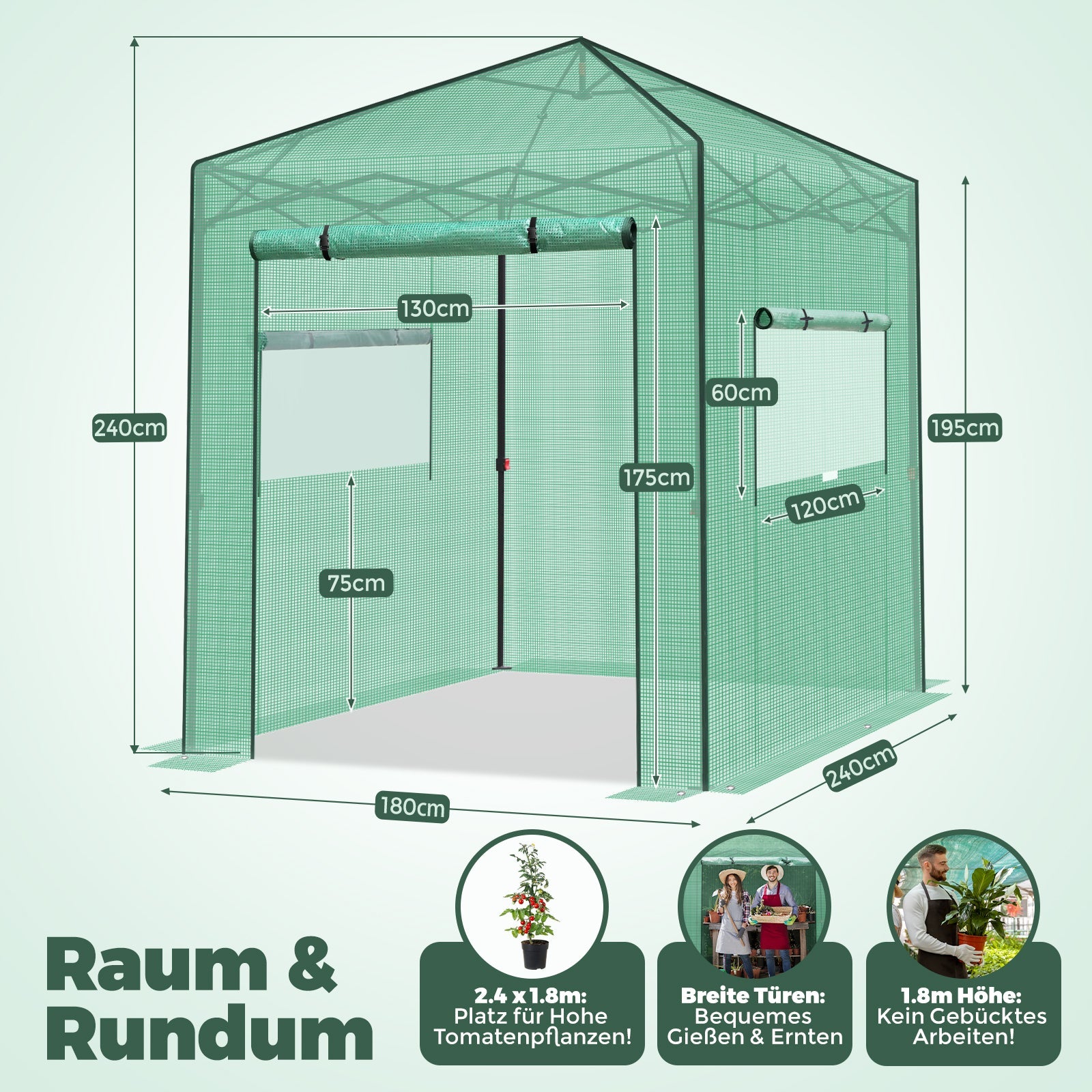 Sekey Pop-Up Foliengewächshaus 240×240×180 cm Großes Gewächshaus mit One-Touch-System für schnellen Aufbau im Garten Sekey