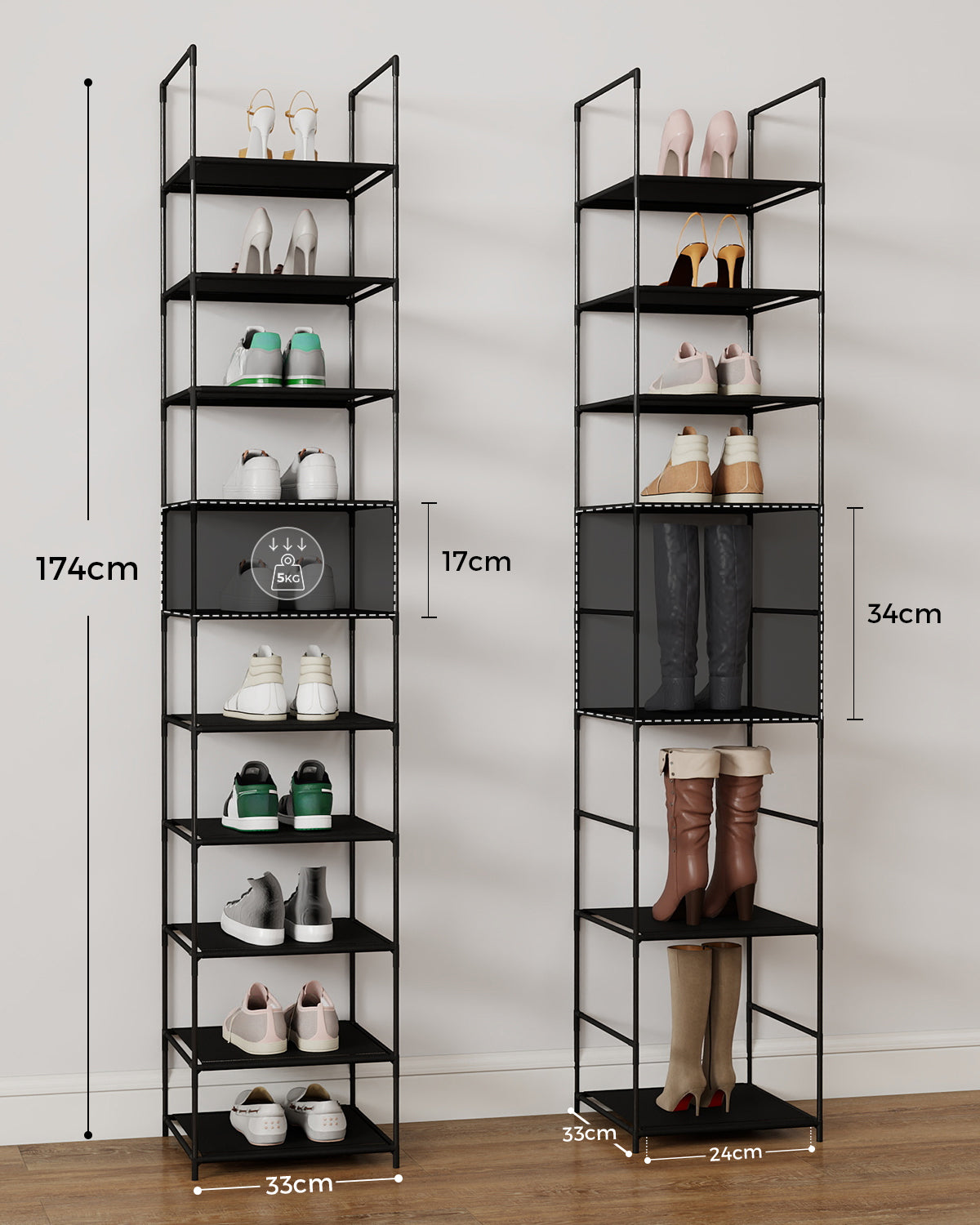 Sekey Schuhregal mit 10 Ebenen – Schmal, stabil & platzsparend, Metallgestell mit Vliesstoffablagen, ideal für Flur & kleine Räume SEKEYMALL