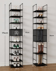 Sekey Schuhregal mit 10 Ebenen – Schmal, stabil & platzsparend, Metallgestell mit Vliesstoffablagen, ideal für Flur & kleine Räume SEKEYMALL