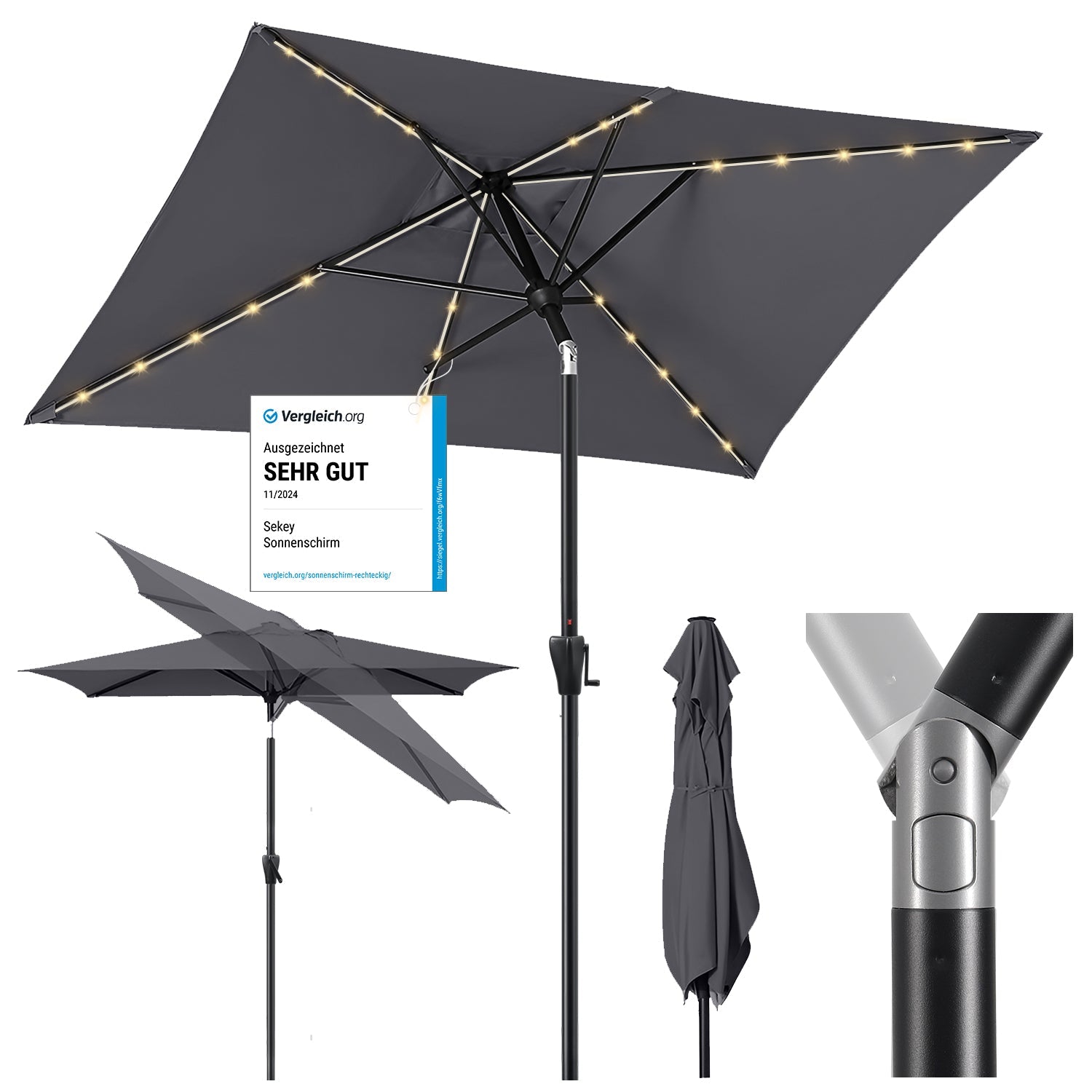 Sekey Sonnenschirm 210 x 140 cm Aluminum Sonnenschirm Rechteckig, mit Kurbel Sekey