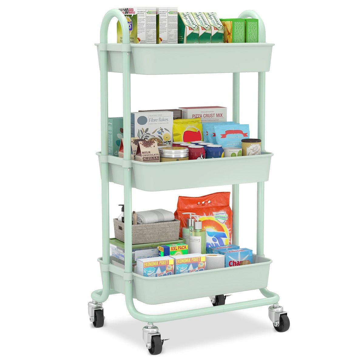 Sekey Rollwagen mit 3 Ebenen – Küchenwagen aus Kunststoff & Edelstahl, rostfest, 360°-Gummiräder mit Bremse, ergonomischem Griff, bis 30 kg belastbar, vielseitiger Servierwagen für Küche, Bad, Büro & mehr – Mintgrün Sekey