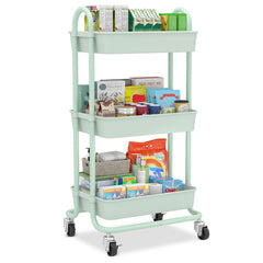 Sekey Rollwagen mit 3 Ebenen – Küchenwagen aus Kunststoff & Edelstahl, rostfest, 360°-Gummiräder mit Bremse, ergonomischem Griff, bis 30 kg belastbar, vielseitiger Servierwagen für Küche, Bad, Büro & mehr – Mintgrün Sekey