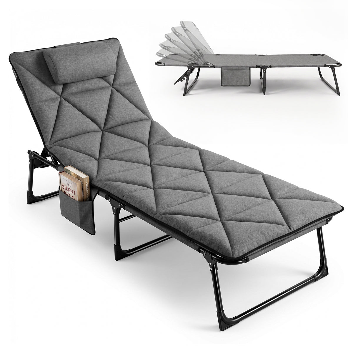 Sekey Campingliege klappbar mit Matratze & Kopfkissen, 6-fach verstellbare Rückenlehne, Feldbett bis 150 kg, Gartenliege, Sonnenliege & Gästebett 190 × 68 cm
