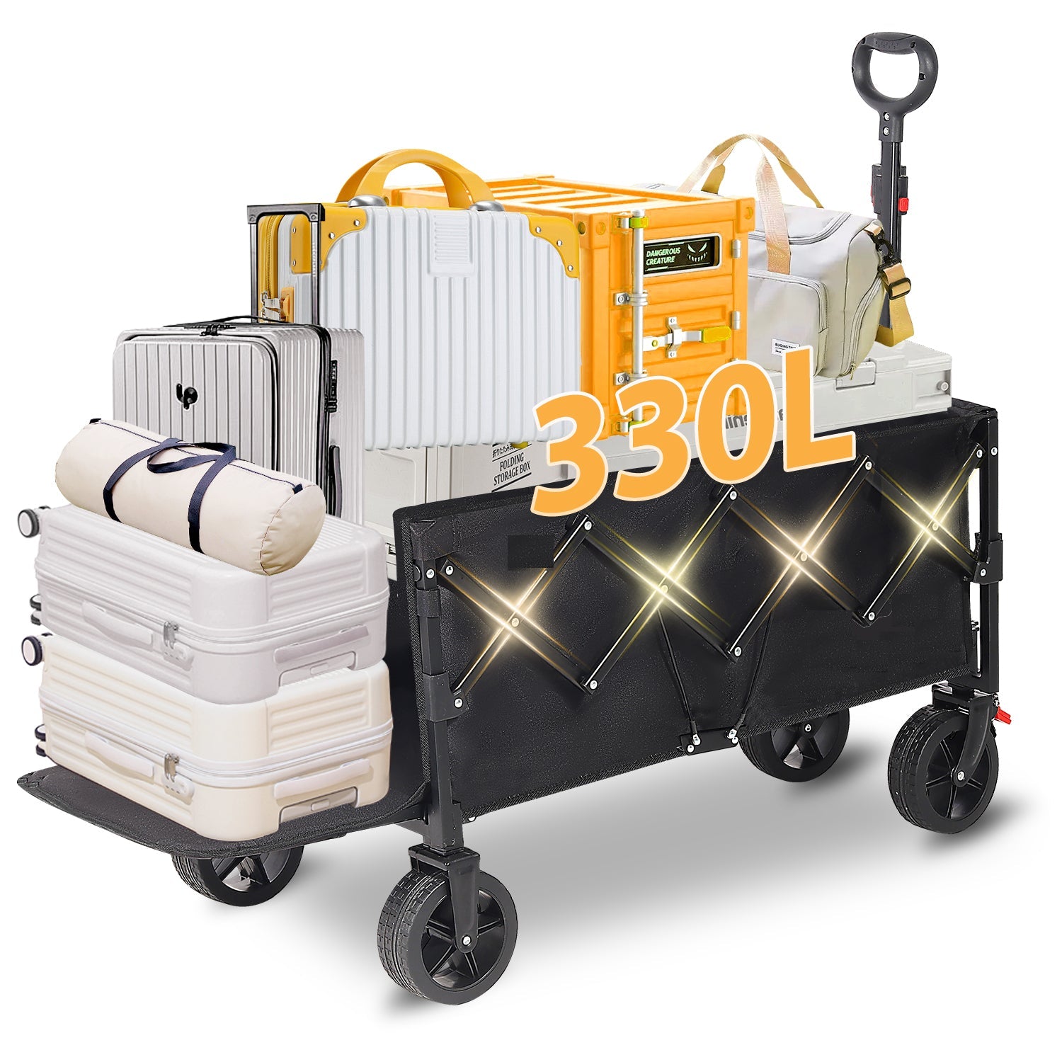 Sunula Faltbarer Bollerwagen 3025 mit Verlängerter Ladefläche, 150 kg Tragkraft, Extra Lang, Mit Bremse, Getränkehaltern & Geländereifen – Für Strand, Camping, Garten, Einkauf Sunula