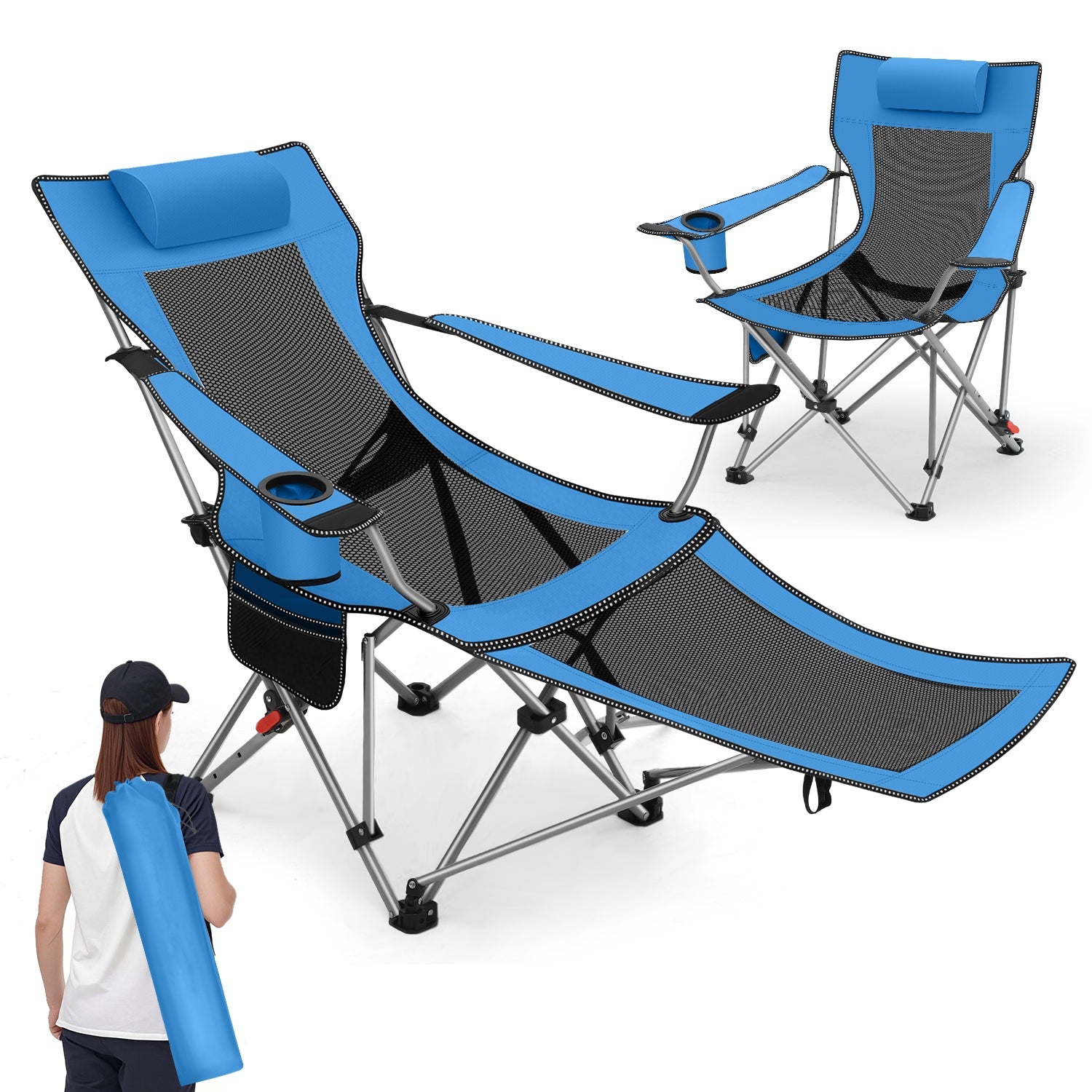 Sunula Klappbarer Campingstuhl, Liegestuhl 2-in-1, Belastbar bis 100 kg, Abnehmbare Fußablage, Getränkehalter, Tragetasche, Leicht, Verstellbare Rückenlehne, Für Angeln, Strand, Camping, Garten, Outdoor Sekey