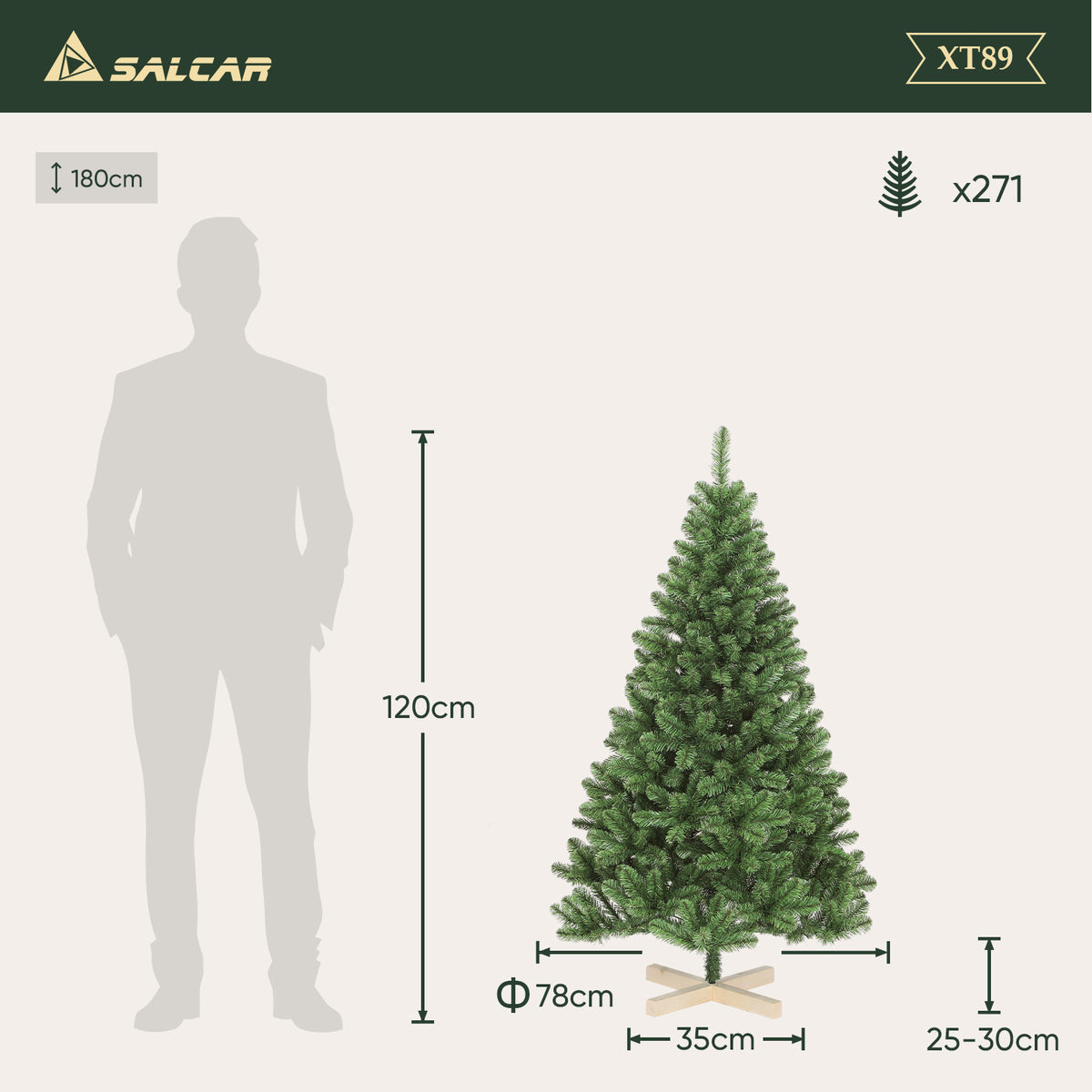 Salcar Künstlicher Weihnachtsbaum 120/150/180/210 cm – Nordmanntanne-Optik mit Holzständer, Premium-Tannenbaum aus PVC mit runden Zweigspitzen