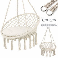 Sekey Hängesessel 360° drehbar aus Recycling-Baumwolle – Boho Hängestuhl mit Sitzkissen, Metallkette & Karabinern, Hängesitz für Wohnzimmer, Balkon, Terrasse & Schlafzimmer