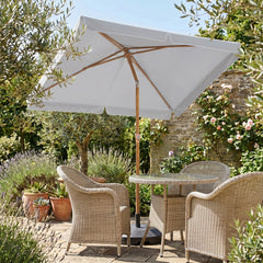 Sekey Sonnenschirm Balkon 200x125 cm rechteckig in Holzoptik – höhenverstellbar, neigbar mit Aluminium-Drehgelenk, UV50+ Polyester, Push-Up-System für Balkon, Terrasse & Garten