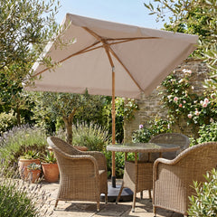 Sekey Sonnenschirm Balkon 200x125 cm rechteckig in Holzoptik – höhenverstellbar, neigbar mit Aluminium-Drehgelenk, UV50+ Polyester, Push-Up-System für Balkon, Terrasse & Garten