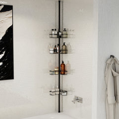 Sekey Duschregal Ohne Bohren – Höhenverstellbares Eck-Duschregal 79–315 cm mit 4 Körben & Klicksystem, Stabiles Teleskop-Dusch-Organizer für Badezimmer