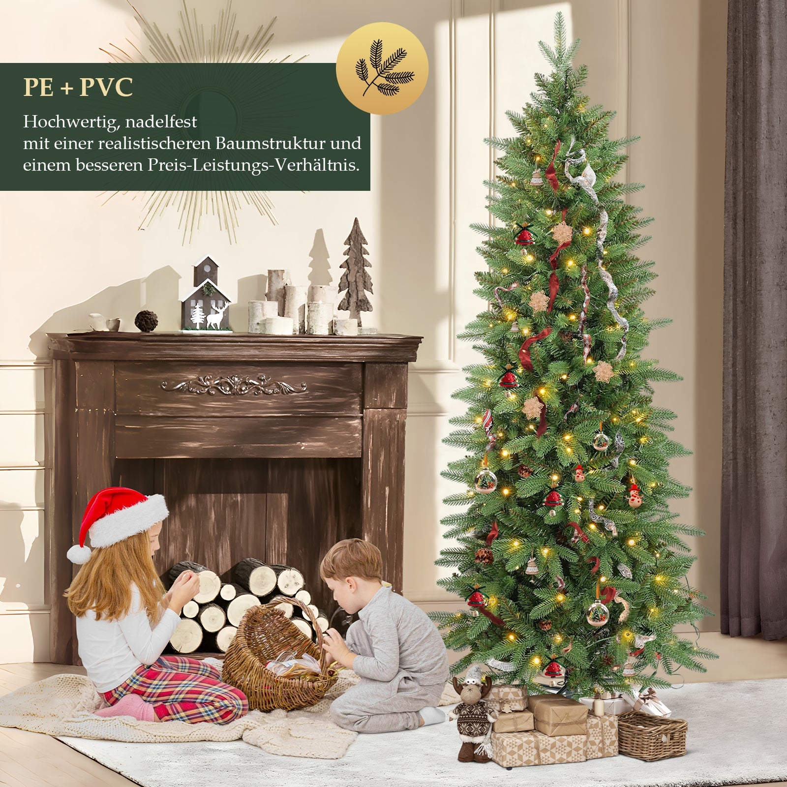 Salcar Schmaler Kunst-Weihnachtsbaum 180 cm – Realistischer Pencil Christbaum mit warmweißen LEDs, grüner Tannenbaum aus PE & PVC Salcar