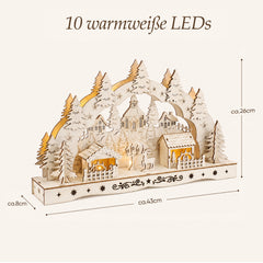 Salcar LED Schwibbogen aus Holz, 3D Weihnachtsdeko mit Fachwerkhäusern, Turm & Tannen, 10 warmweiße LEDs, batteriebetriebener Lichterbogen für Fensterbank & Sideboard