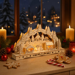 Salcar LED Schwibbogen aus Holz, 3D Weihnachtsdeko mit Fachwerkhäusern, Turm & Tannen, 10 warmweiße LEDs, batteriebetriebener Lichterbogen für Fensterbank & Sideboard
