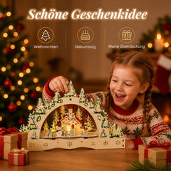 Salcar LED Schwibbogen aus Holz, 3D Weihnachtsdeko mit verschneiter Altstadt und Fachwerkhäusern, 13 warmweiße LEDs, batteriebetriebener Lichterbogen für Tisch, Fensterbank & Sideboard