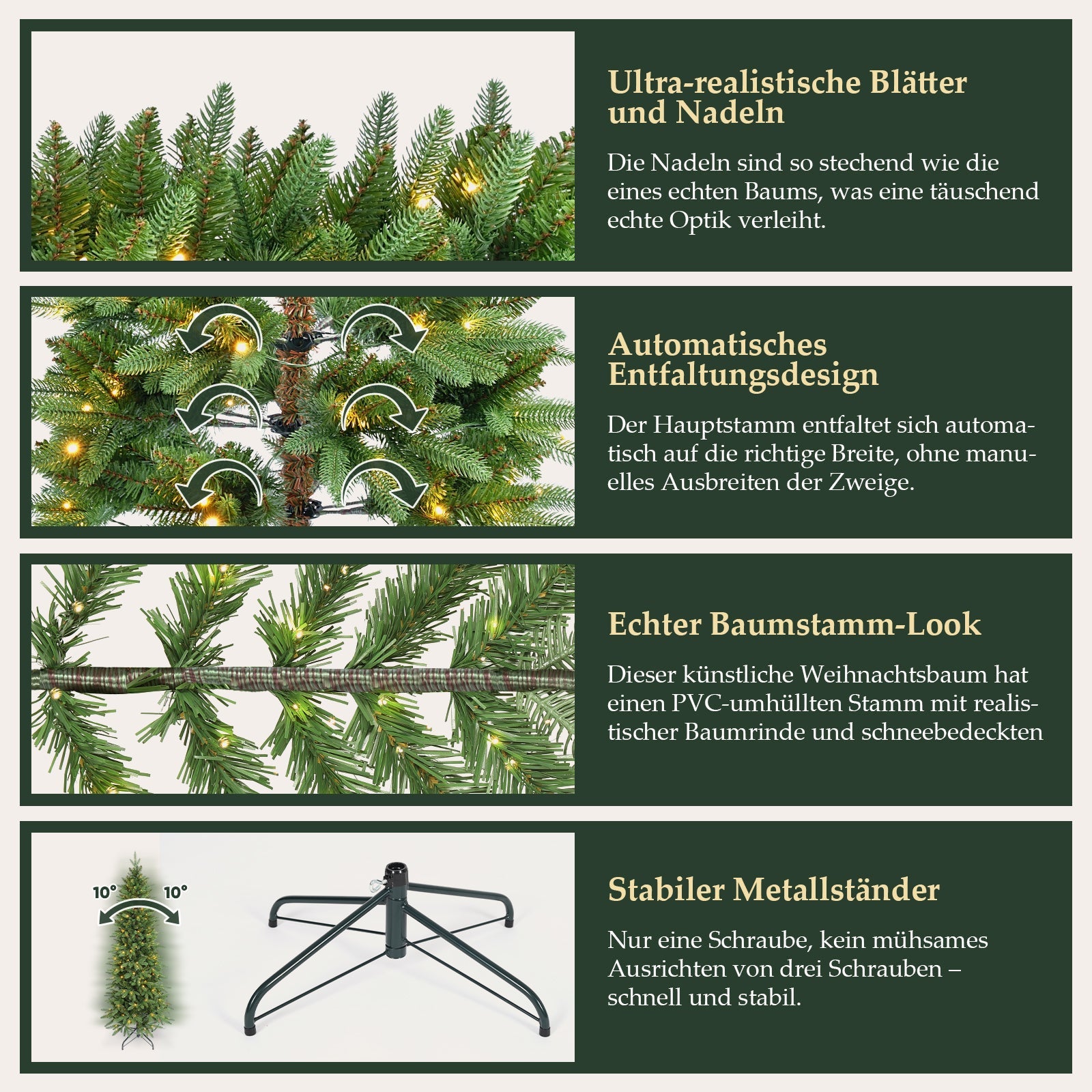 Salcar Schmaler Kunst-Weihnachtsbaum 180 cm – Realistischer Pencil Christbaum mit warmweißen LEDs, grüner Tannenbaum aus PE & PVC Salcar