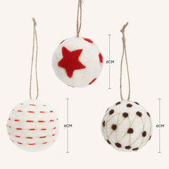 Salcar Weihnachtskugeln 6er Set – Handgefertigte Wollfilz-Kugeln 6 cm mit Juteseil, 3 Designs, Weihnachtsbaumschmuck & Festliche Deko