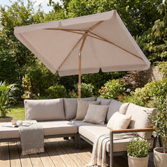 Sekey Sonnenschirm Balkon 200x125 cm rechteckig in Holzoptik – höhenverstellbar, neigbar mit Aluminium-Drehgelenk, UV50+ Polyester, Push-Up-System für Balkon, Terrasse & Garten