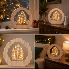 Salcar LED Schwibbogen aus Holz, 3D Weihnachtsdeko mit Weihnachtsdorf, 20 warmweiße LEDs, batteriebetriebener Lichterbogen für Fensterbank, Regal & Sideboard