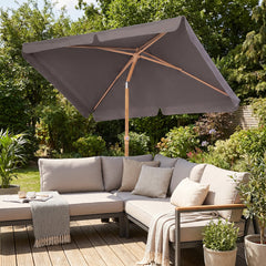 Sekey Sonnenschirm Balkon 200x125 cm rechteckig in Holzoptik – höhenverstellbar, neigbar mit Aluminium-Drehgelenk, UV50+ Polyester, Push-Up-System für Balkon, Terrasse & Garten