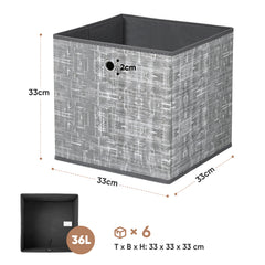 Sekey Aufbewahrungsboxen 6er Set 33 × 33 × 33 cm – Faltbare Stoffboxen mit Grifföse, stabile Ordnungsboxen für Kallax-Regale, Hellgrau