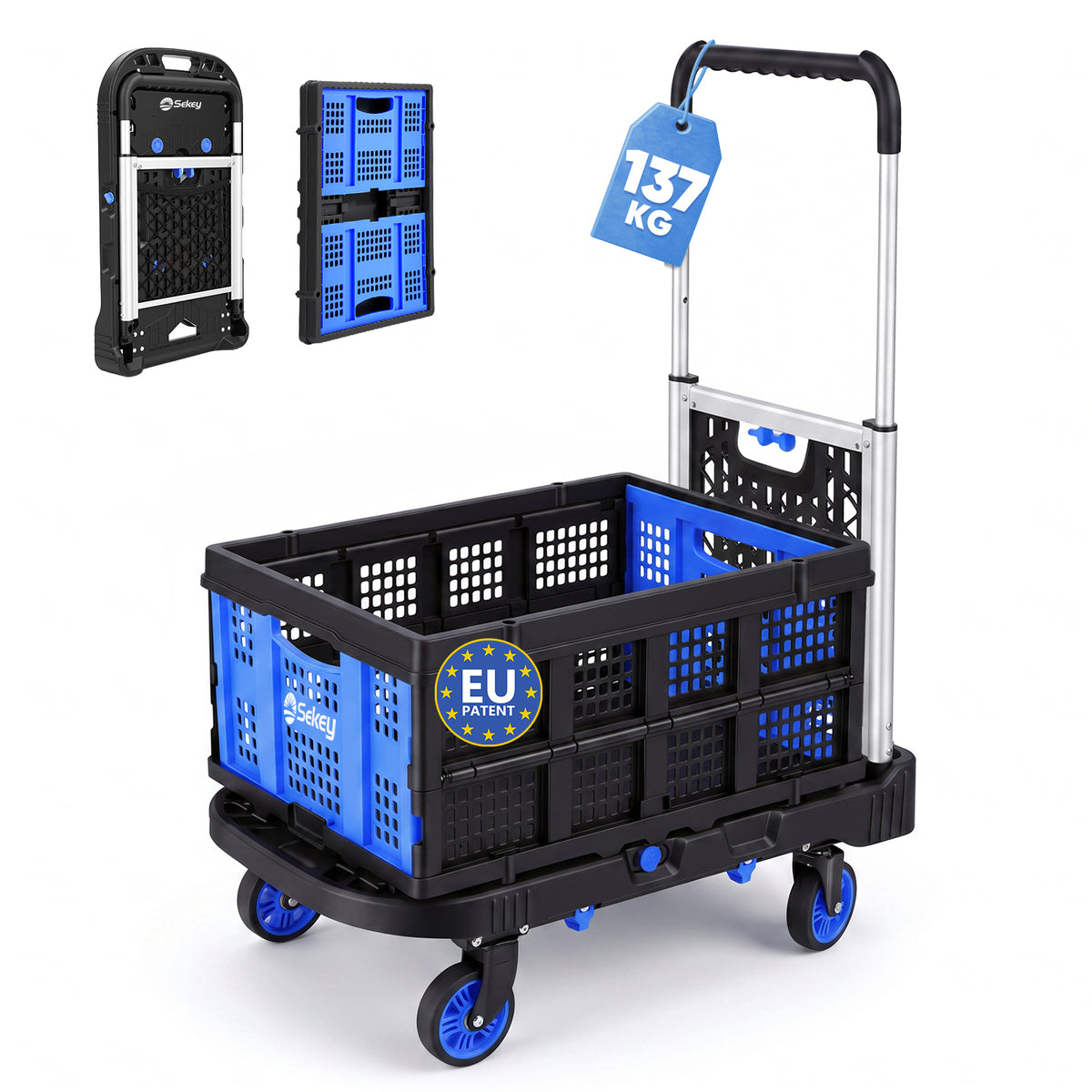 Sekey klappbarer Transportwagen 2-in-1 mit Einkaufskorb – Plattformwagen bis 137 kg, 360° Lenkrollen, 3-fach höhenverstellbarer Griff für Garten, Einkauf & Umzug