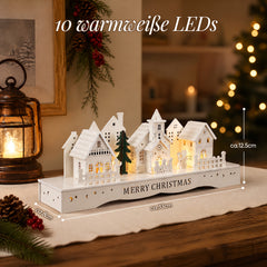 Salcar LED Schwibbogen aus Holz, 3D Weihnachtsdorf mit Kapelle, Häusern & Tannen, 10 warmweiße LEDs, Timer 6/18 Std., batteriebetriebene Weihnachtsdeko