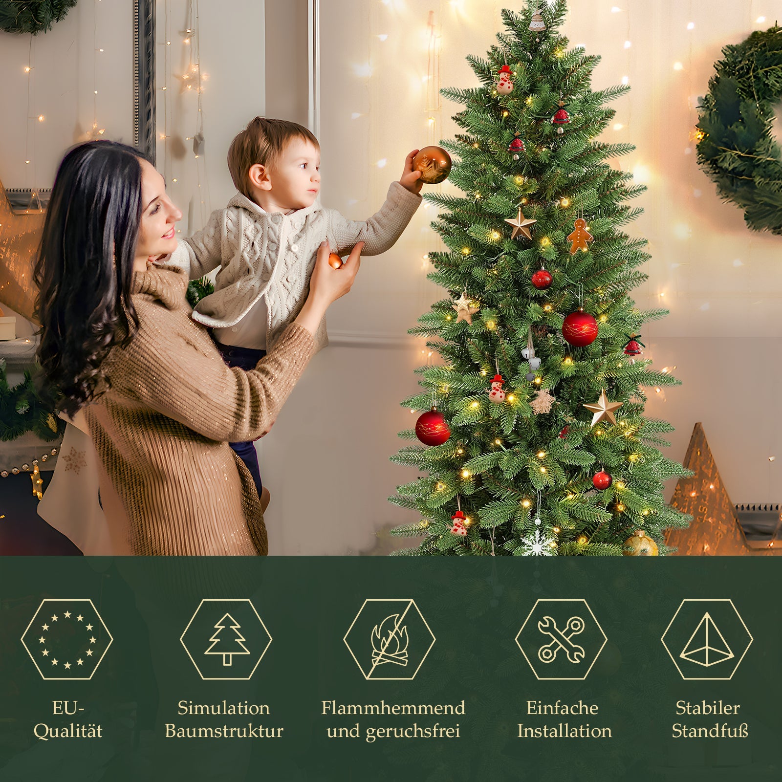 Salcar Schmaler Kunst-Weihnachtsbaum 180 cm – Realistischer Pencil Christbaum mit warmweißen LEDs, grüner Tannenbaum aus PE & PVC Salcar