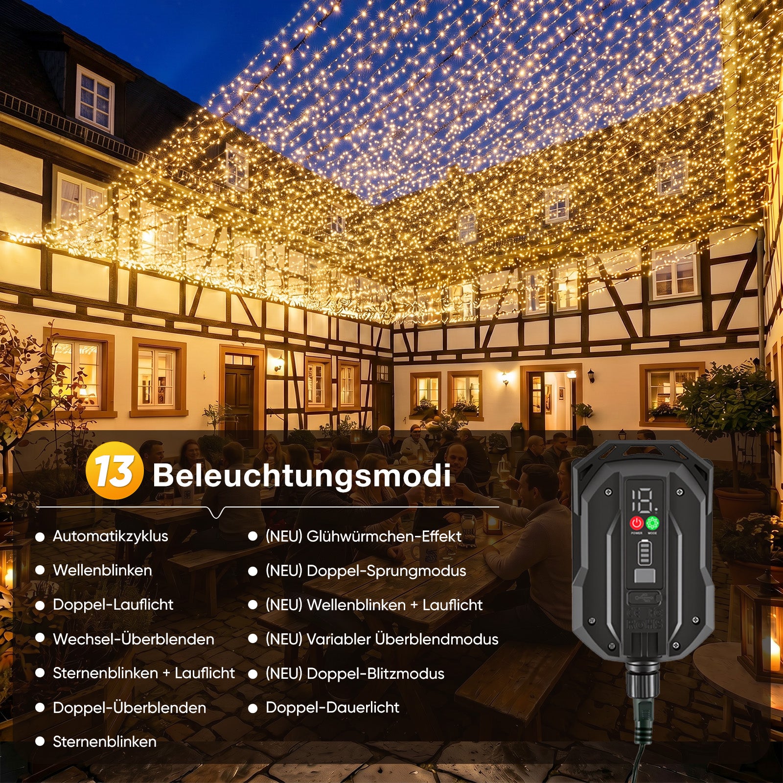 Solar Cluster Lichterkette mit 13 Beleuchtungsmodi, dimmbarer Helligkeit und Fernbedienung