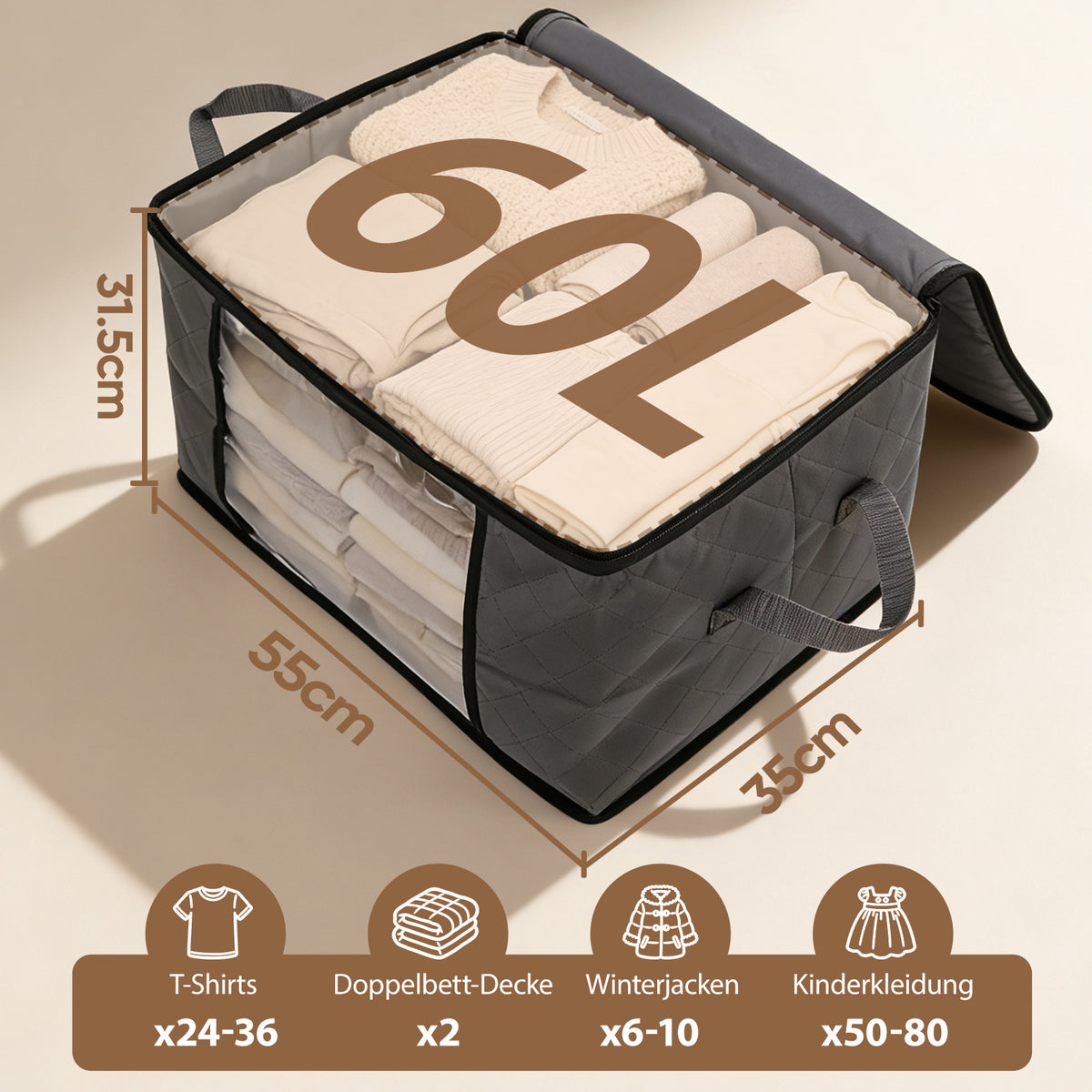 Sekey Unterbett-Aufbewahrungsboxen 60L & 90L Set für Kleidung, Bettwäsche und saisonale Textilien, Staub- und Feuchtigkeitsschutz