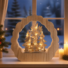 Salcar LED Schwibbogen aus Holz, 3D Weihnachtsdeko mit Weihnachtsdorf, 20 warmweiße LEDs, batteriebetriebener Lichterbogen für Fensterbank, Regal & Sideboard