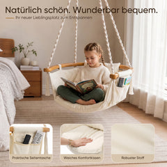 Sekey Hängesessel mit Kissen – Hängestuhl & Hängeschaukel bis 120 kg, mit Seitentasche, Bambus-Spreizstab und Baumwollseilen für Garten, Balkon, Terrasse & Wohnzimmer