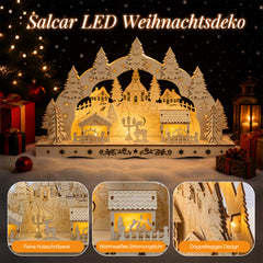 Salcar LED Schwibbogen aus Holz, 3D Weihnachtsdeko mit Fachwerkhäusern, Turm & Tannen, 10 warmweiße LEDs, batteriebetriebener Lichterbogen für Fensterbank & Sideboard